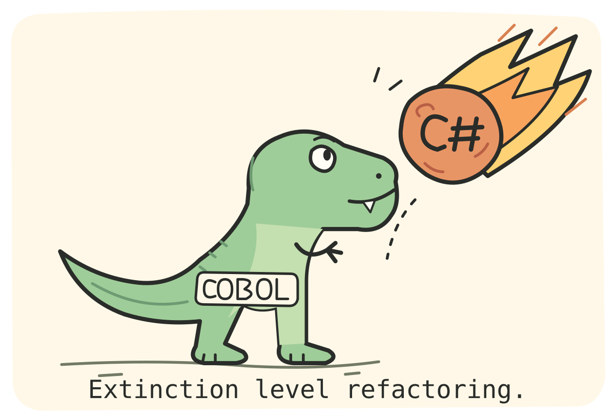 A hand-drawn COBOL dinosaur facing an incoming C# meteor