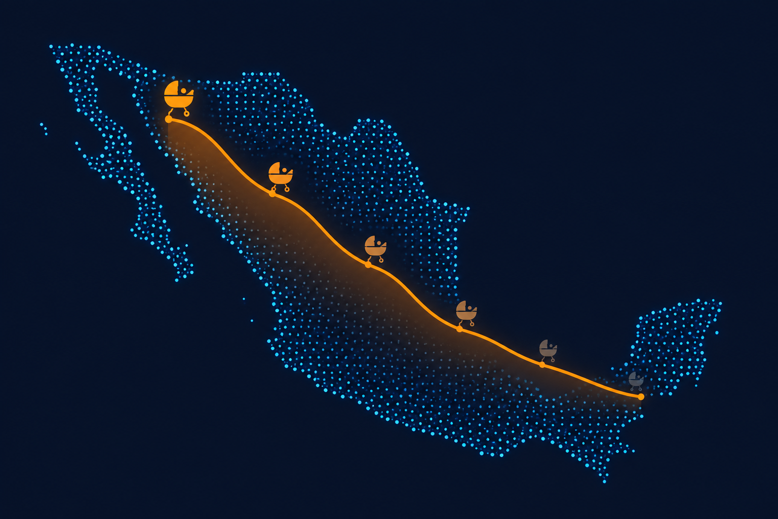 Mapa de México formado por puntos, atravesado por una curva descendente